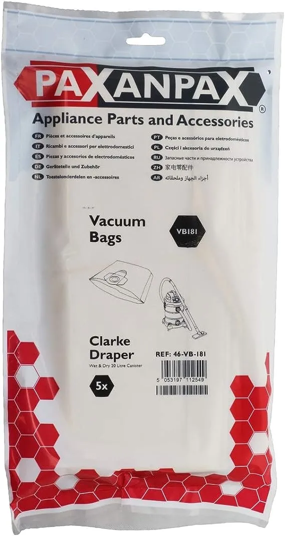 20L Wet & Dry Series Paper Bags | Pack of 5 Compatible with VB181 Clarke | Draper | RYOBI | Lidl Parkside