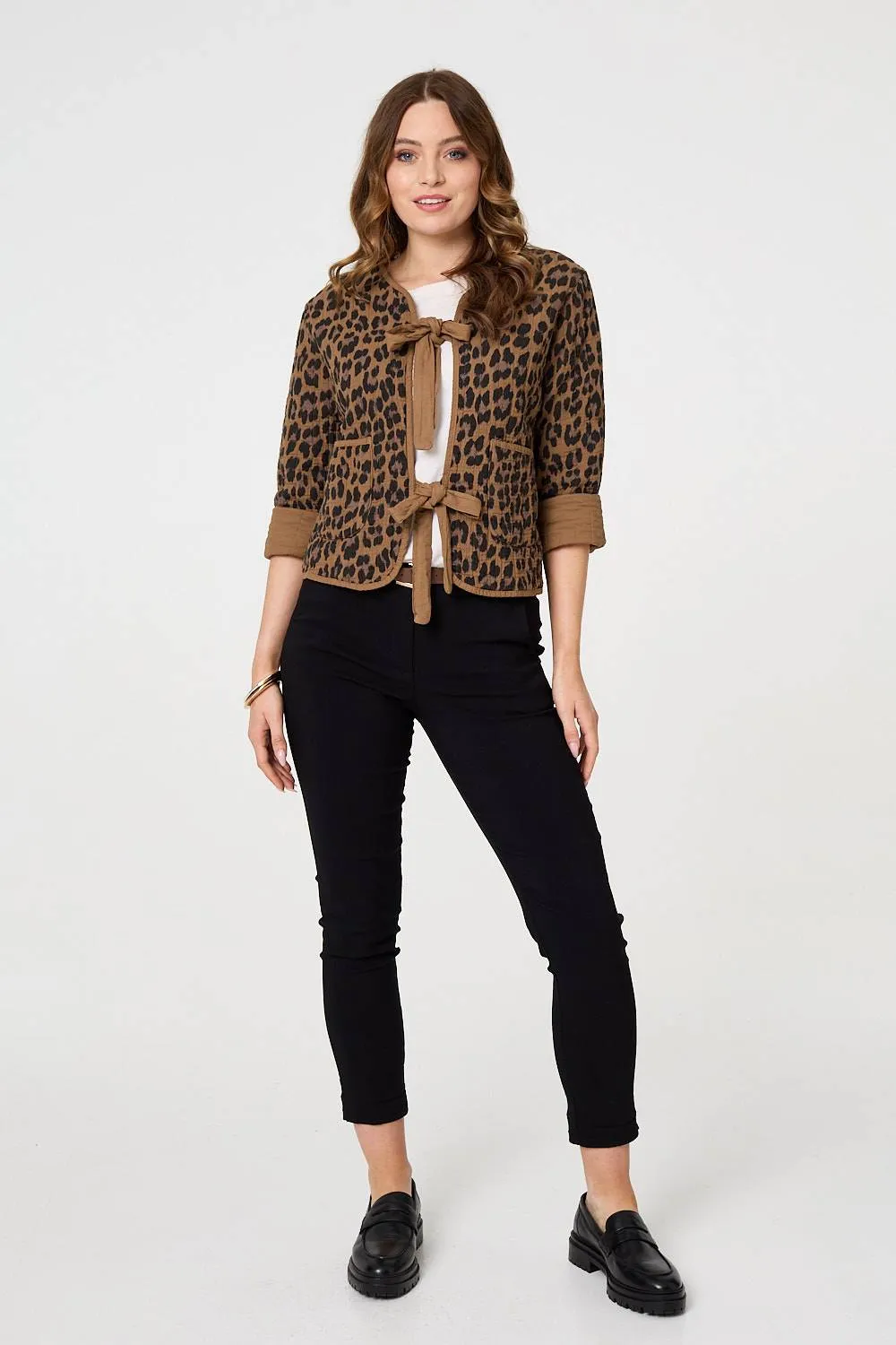 Animal Print 3/4 Sleeve Tie Front Cardigan