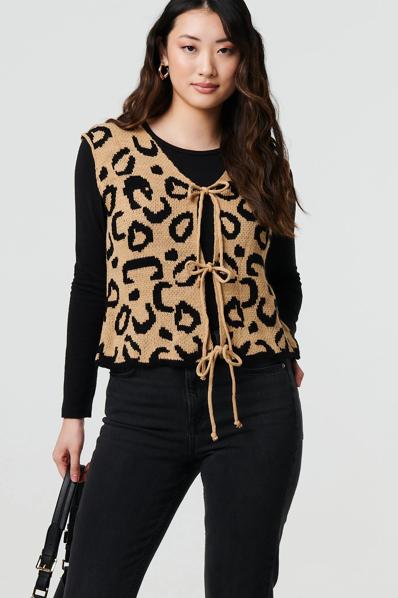 Animal Print Tie Front Sleeveless Vest