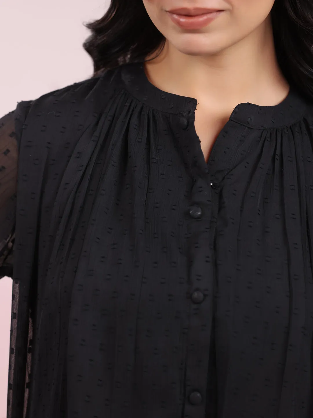 Black Dobby Chiffon Self Design Top - By Janasya