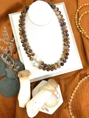 Brown Agate With Baroque Pearls Double Layers Necklace HN017