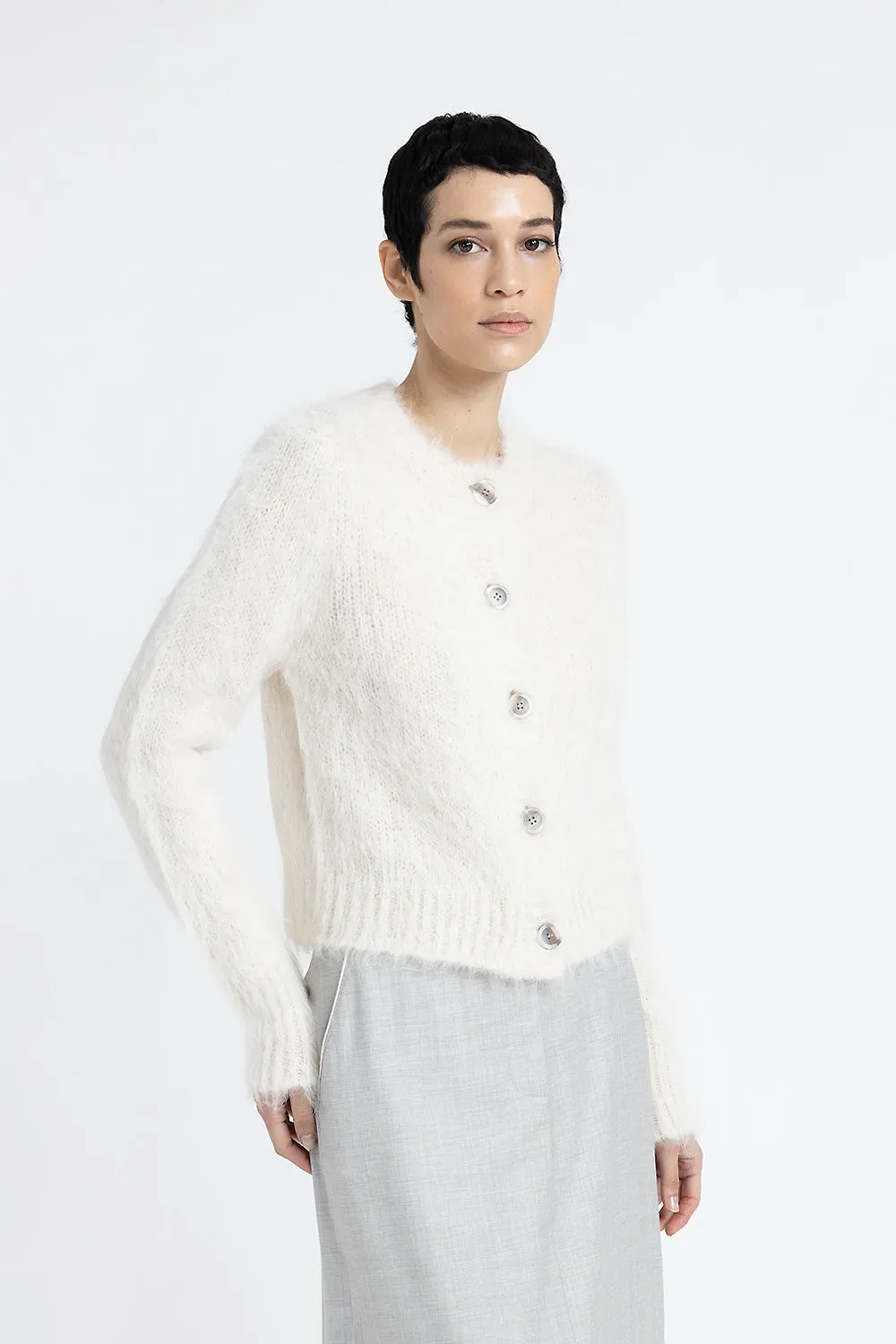 Buttoned round neck cardigan in alpaca wool and merino