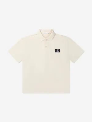 Calvin Klein Boys Pique Badge Polo Shirt in Beige