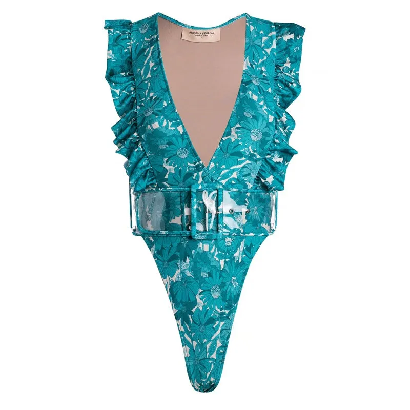 Flower Bloom Ruffled High Leg Swimsuit With Belt