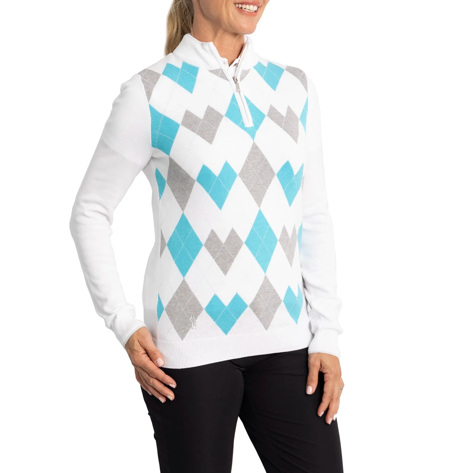 Glenmuir Women's Bonnie Quarter Zip Argyle Cotton Golf Pullover - White/ Aqua