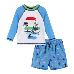 Infant UPF 50  Sailboat & Shark Print Rashguard Swim Set | Blue