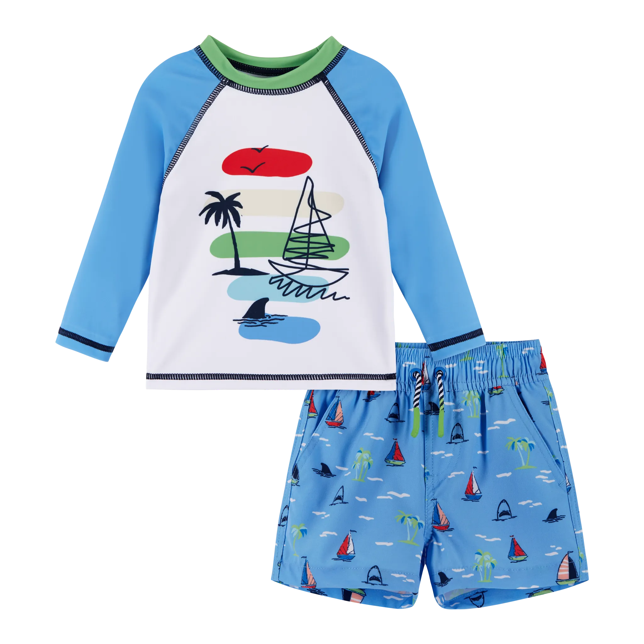 Infant UPF 50  Sailboat & Shark Print Rashguard Swim Set | Blue