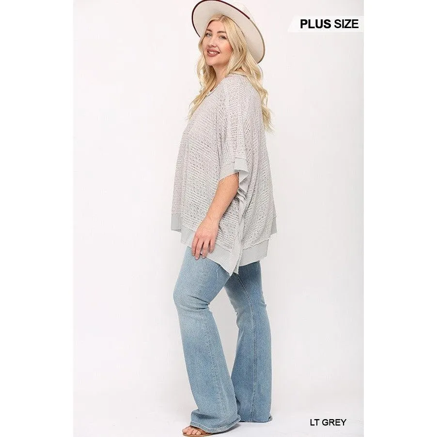 Light Knit And Woven Mixed Boxy Top With Poncho Sleeve