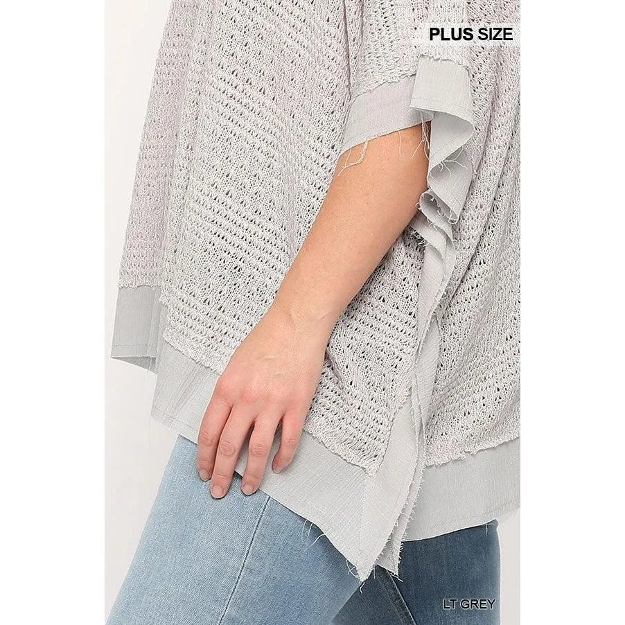 Light Knit And Woven Mixed Boxy Top With Poncho Sleeve