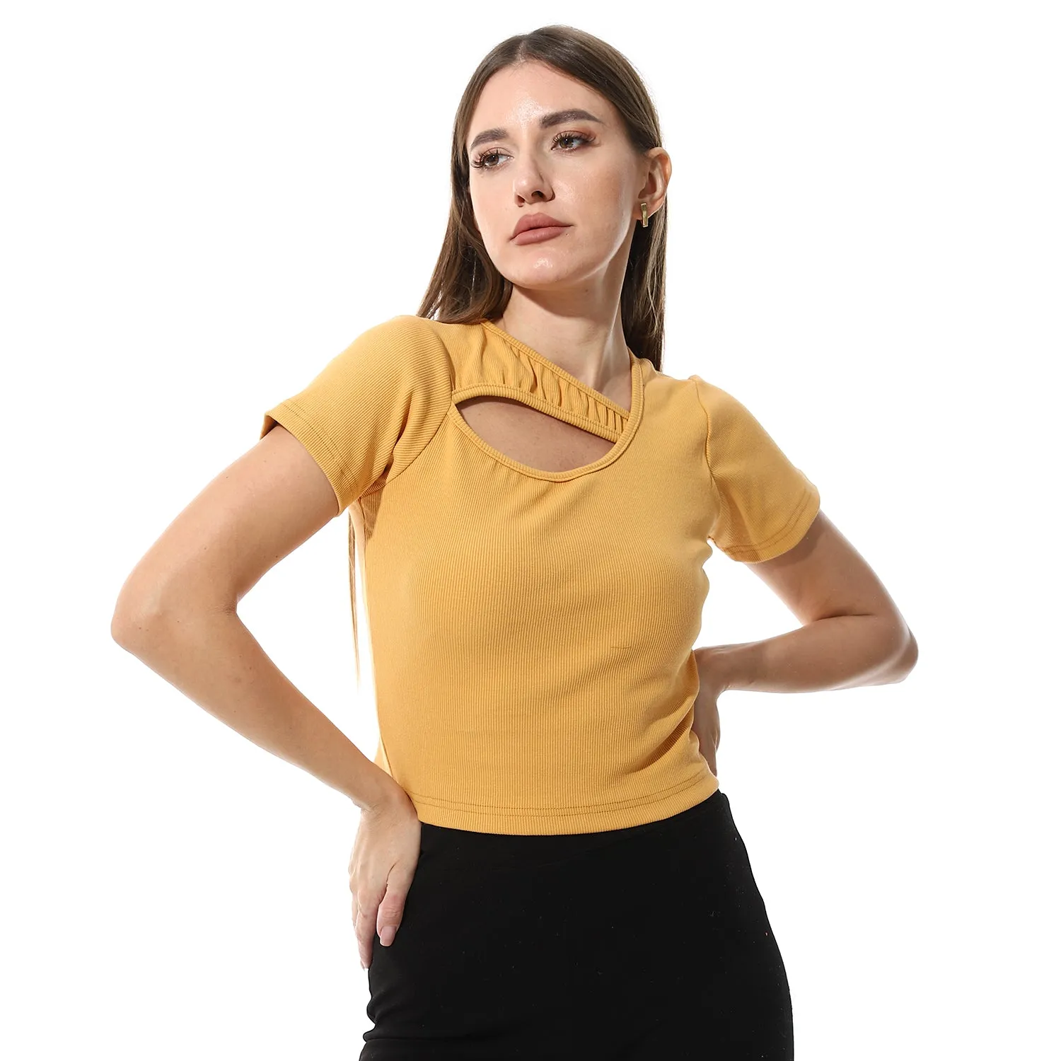 Multicolor Short Sleeves Top With Ribbed