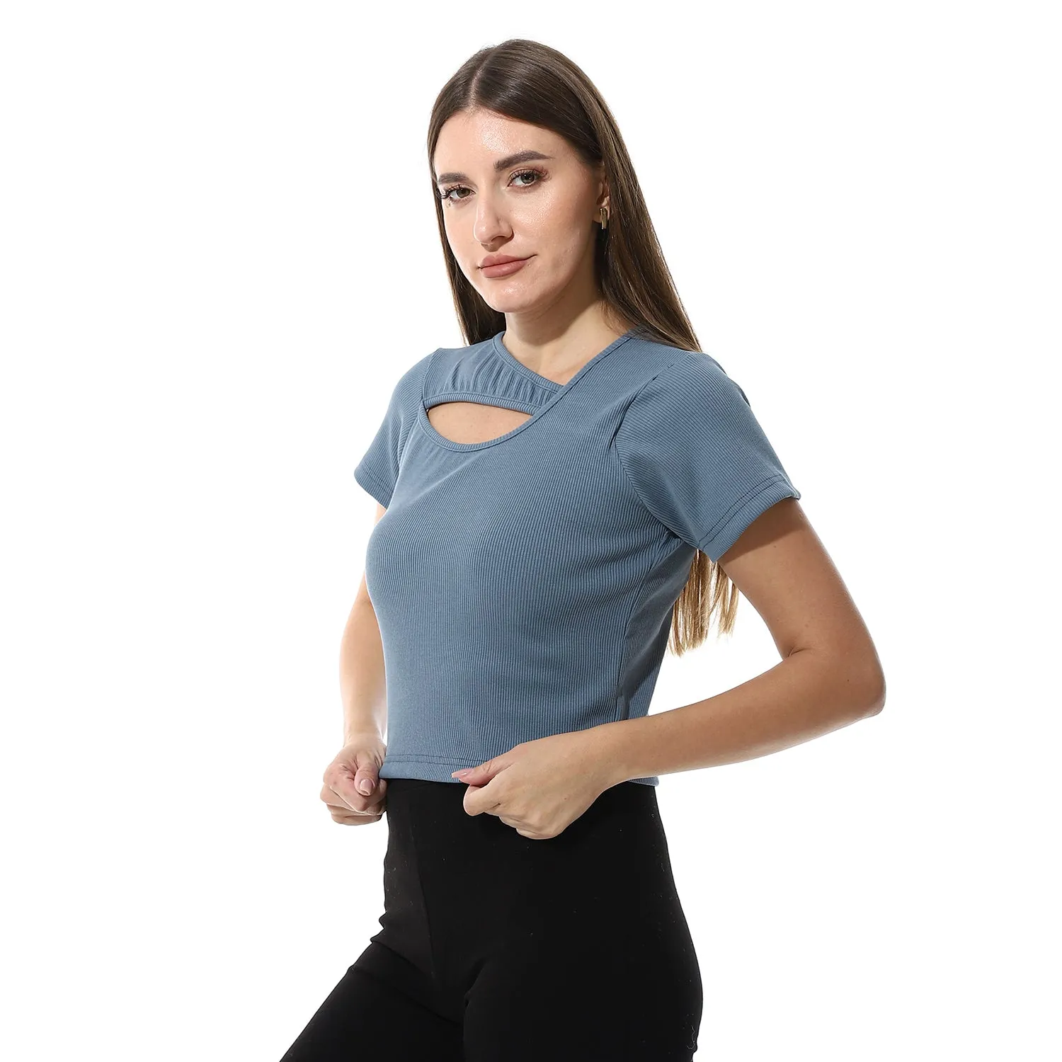 Multicolor Short Sleeves Top With Ribbed