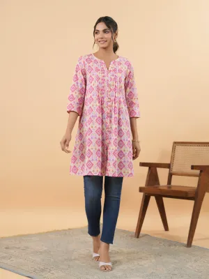 Pink Cotton Ikkat Pleated Tunic