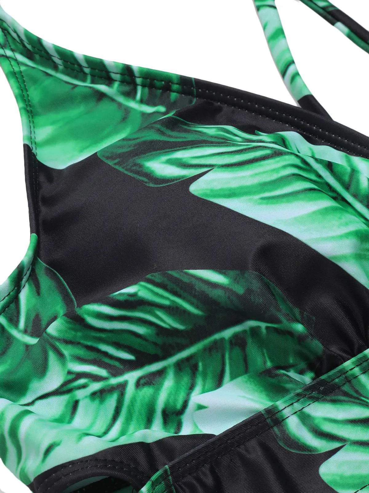 [Plus Size] 1930s Green Leaves V-Neck Strap Bikini Set