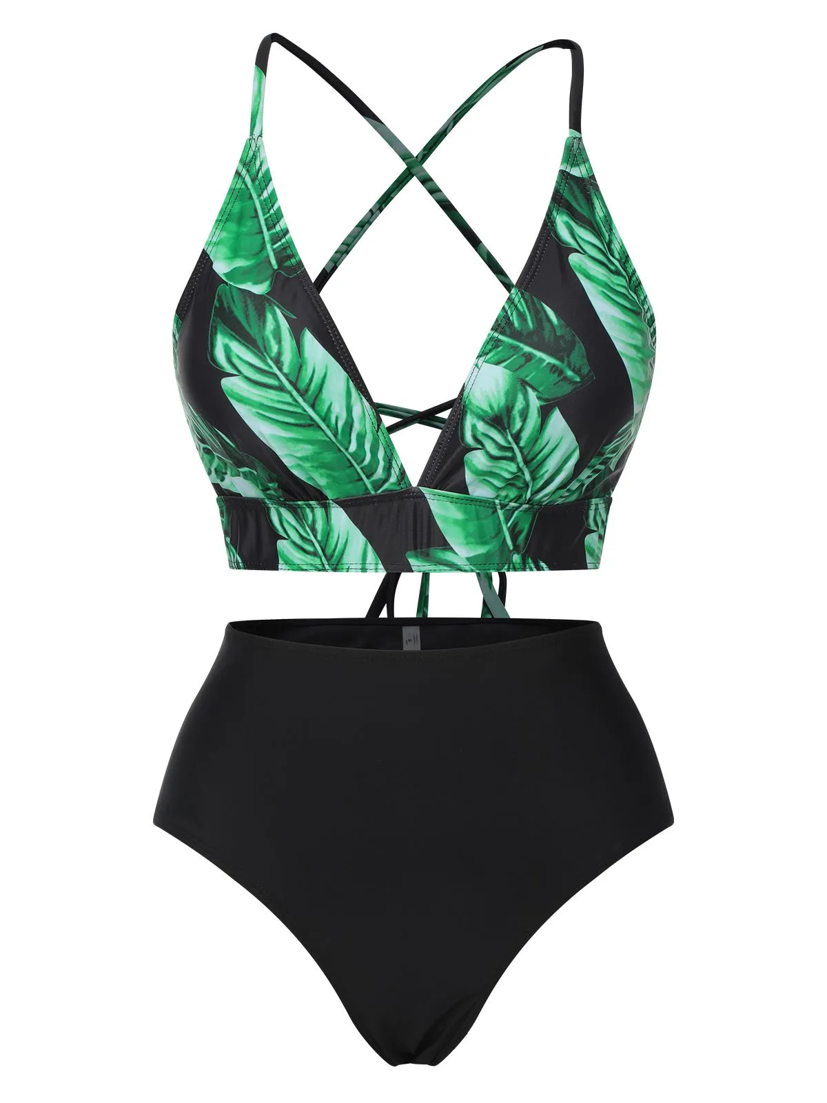 [Plus Size] 1930s Green Leaves V-Neck Strap Bikini Set