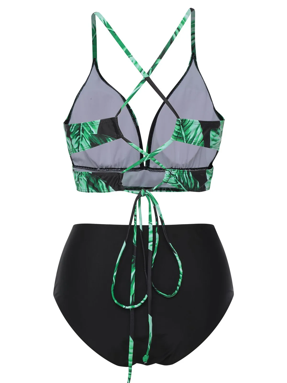 [Plus Size] 1930s Green Leaves V-Neck Strap Bikini Set