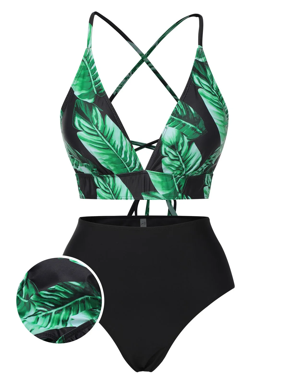 [Plus Size] 1930s Green Leaves V-Neck Strap Bikini Set