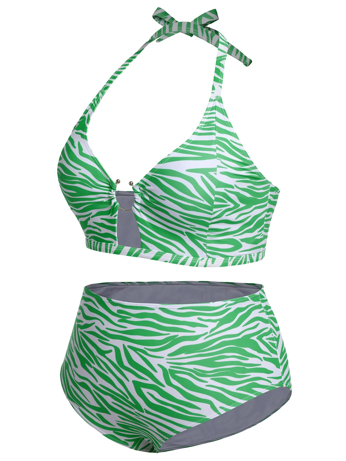 [Plus Size] 1940s Zebra Print Cutout Halter Swimsuit