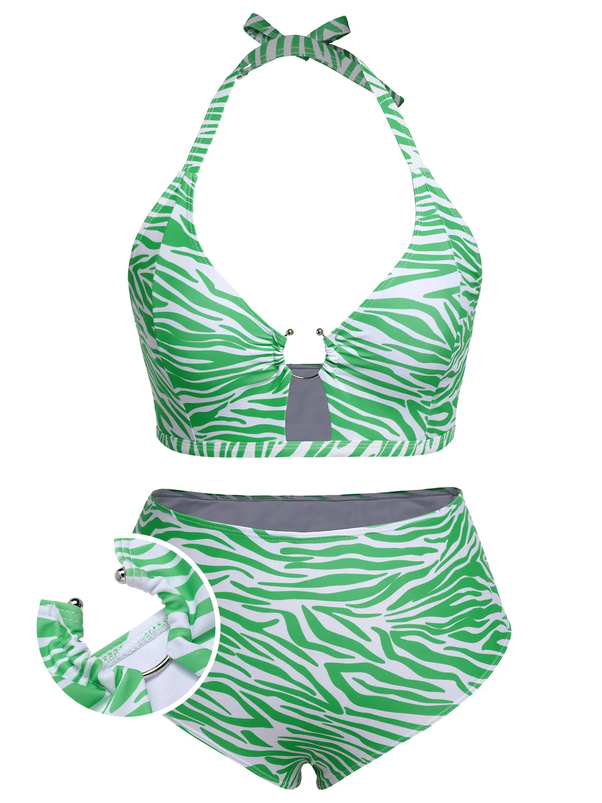 [Plus Size] 1940s Zebra Print Cutout Halter Swimsuit