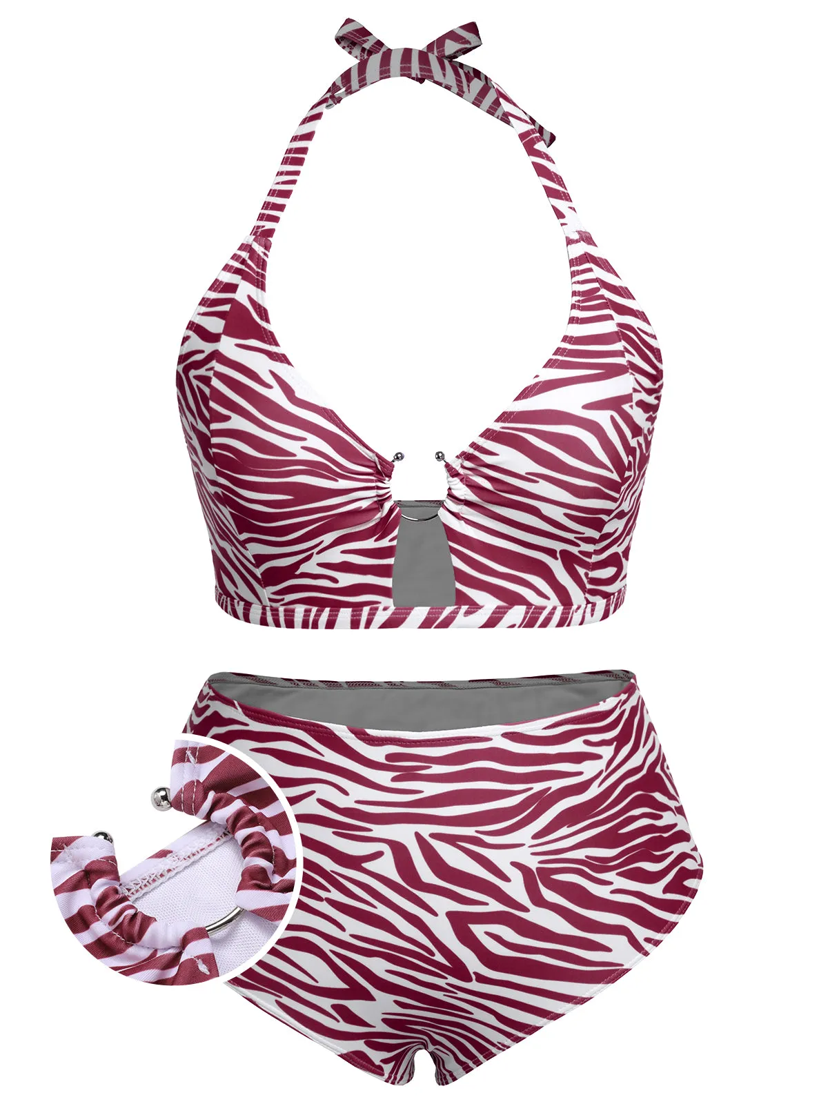 [Plus Size] 1940s Zebra Print Cutout Halter Swimsuit