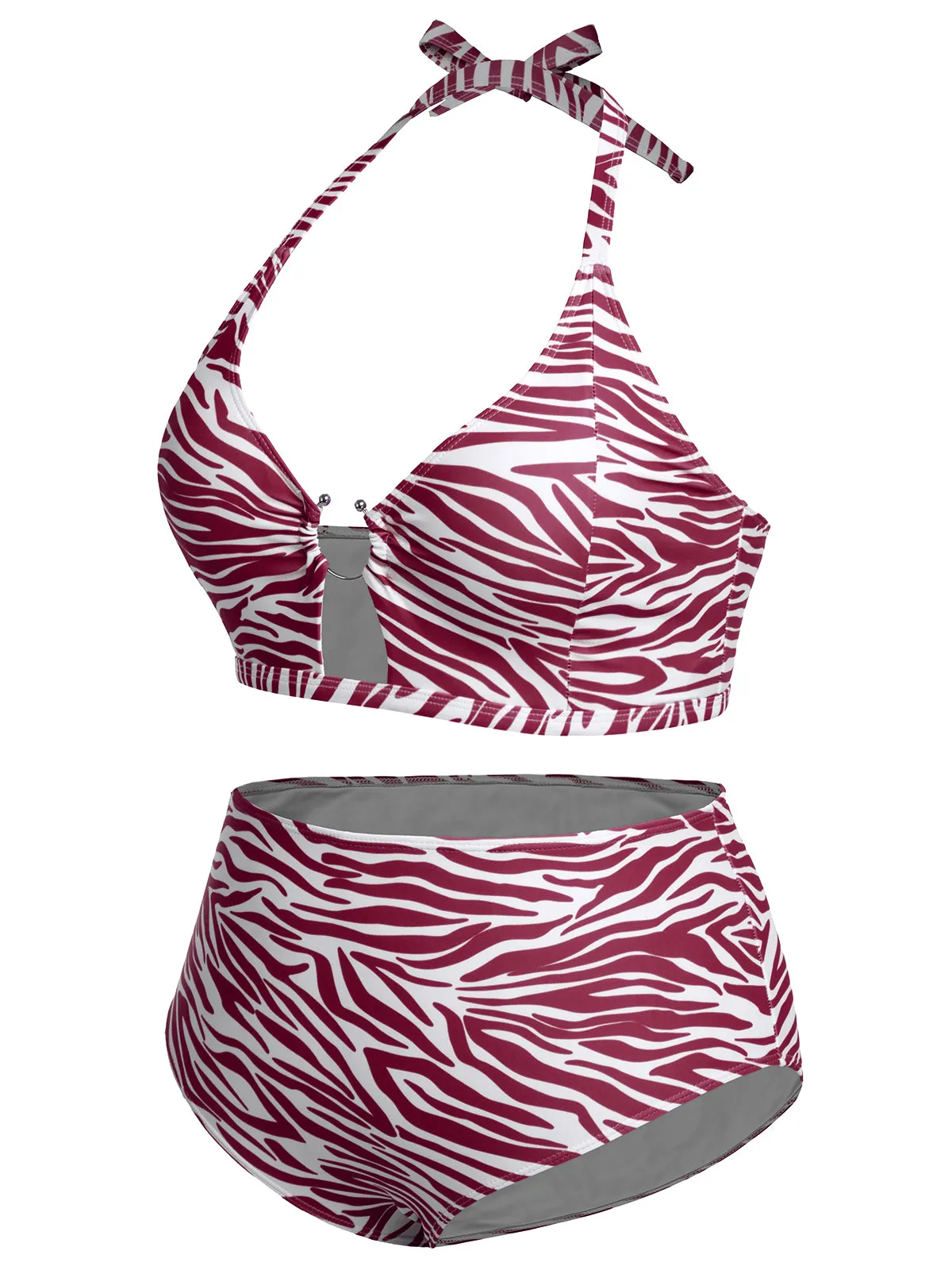 [Plus Size] 1940s Zebra Print Cutout Halter Swimsuit