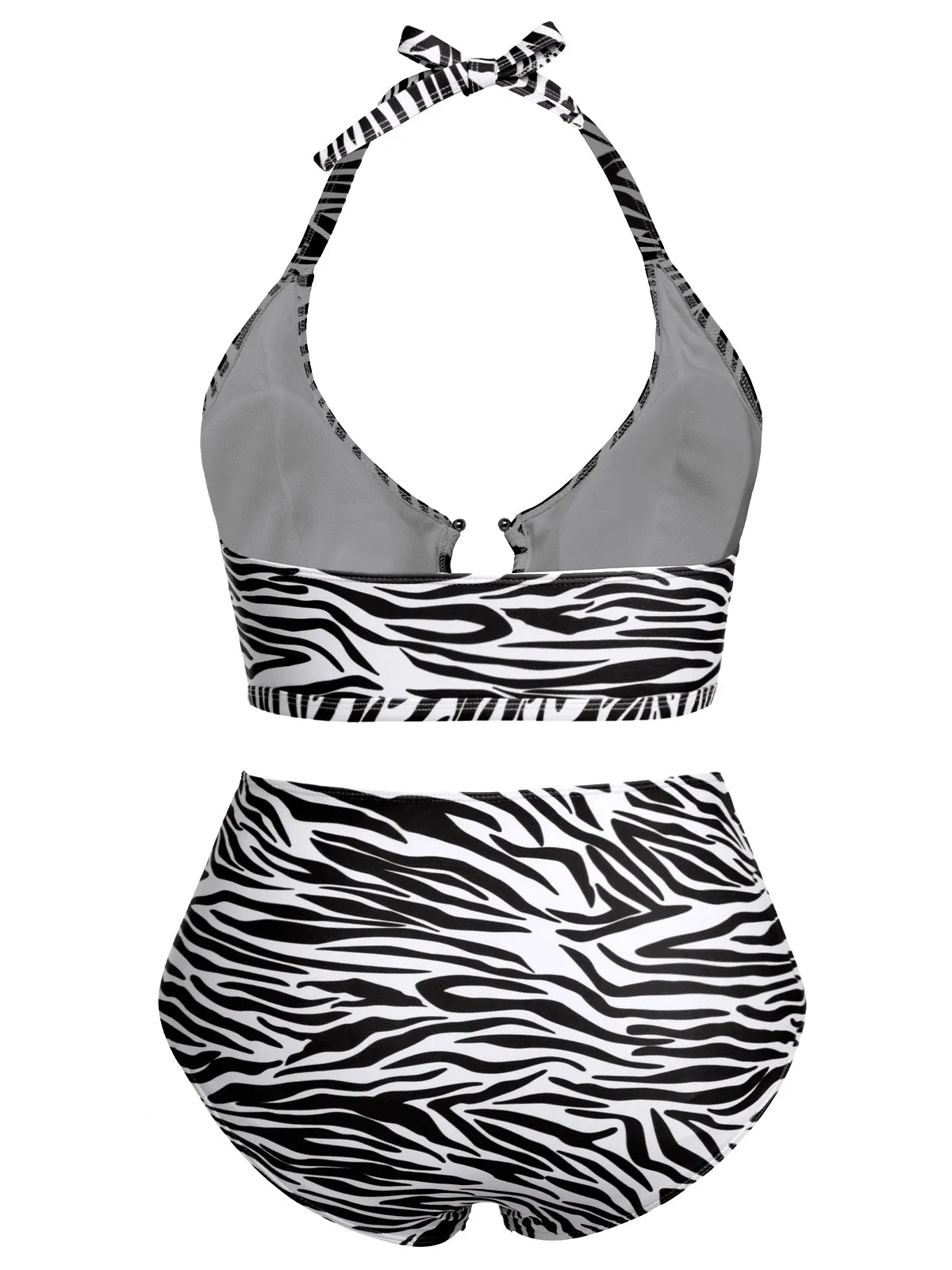 [Plus Size] 1940s Zebra Print Cutout Halter Swimsuit