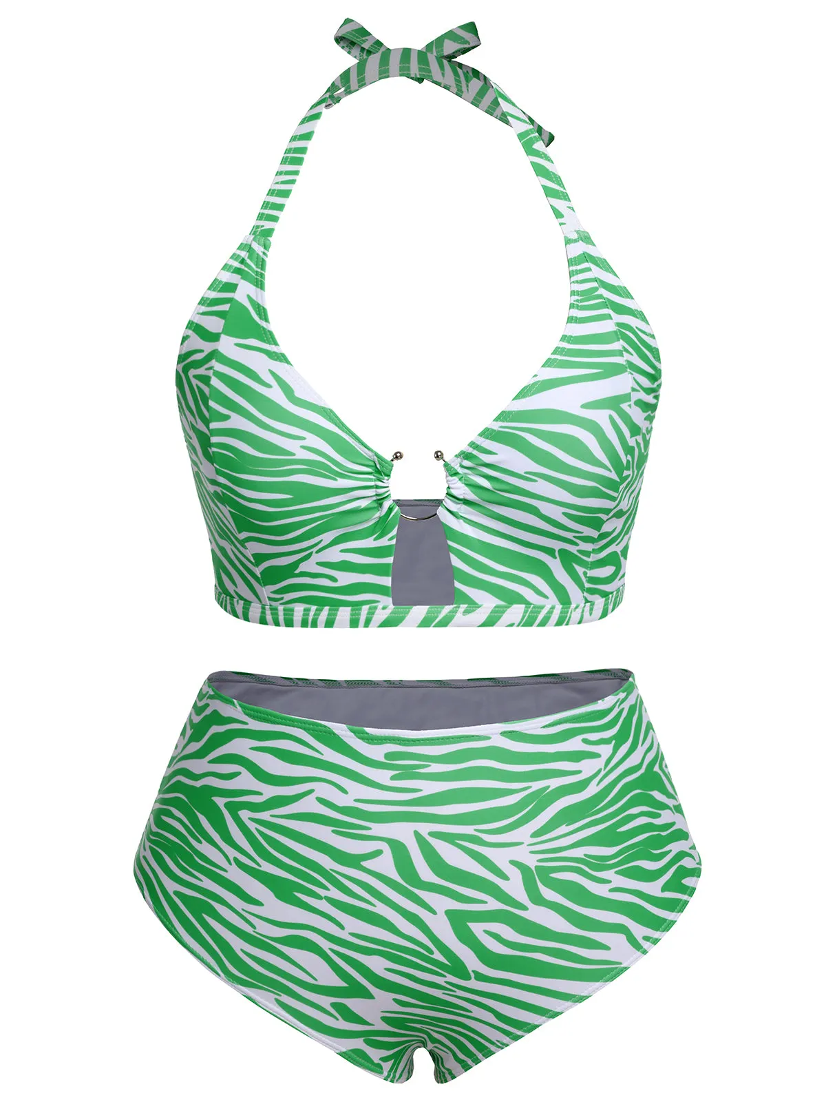 [Plus Size] 1940s Zebra Print Cutout Halter Swimsuit