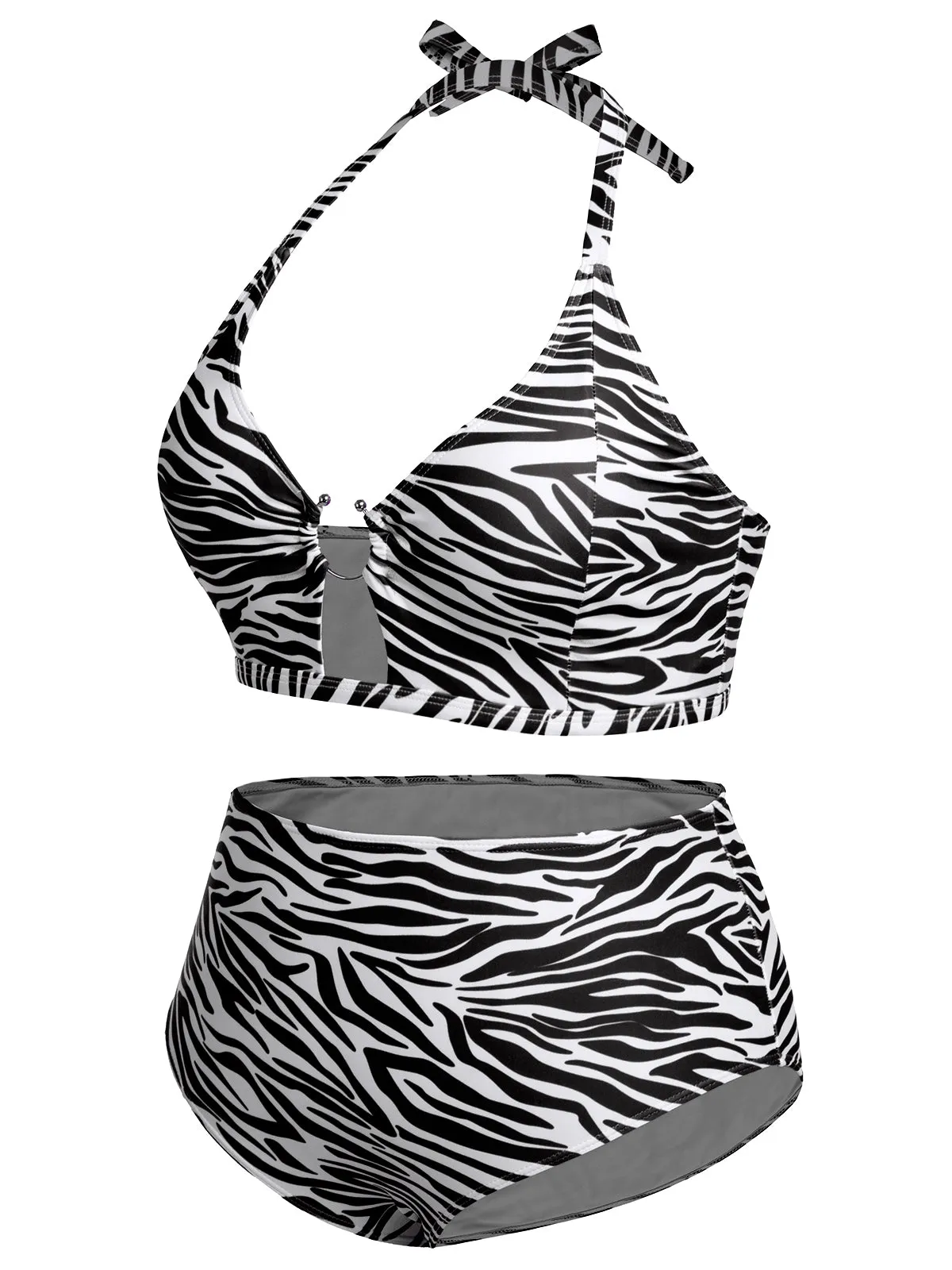 [Plus Size] 1940s Zebra Print Cutout Halter Swimsuit