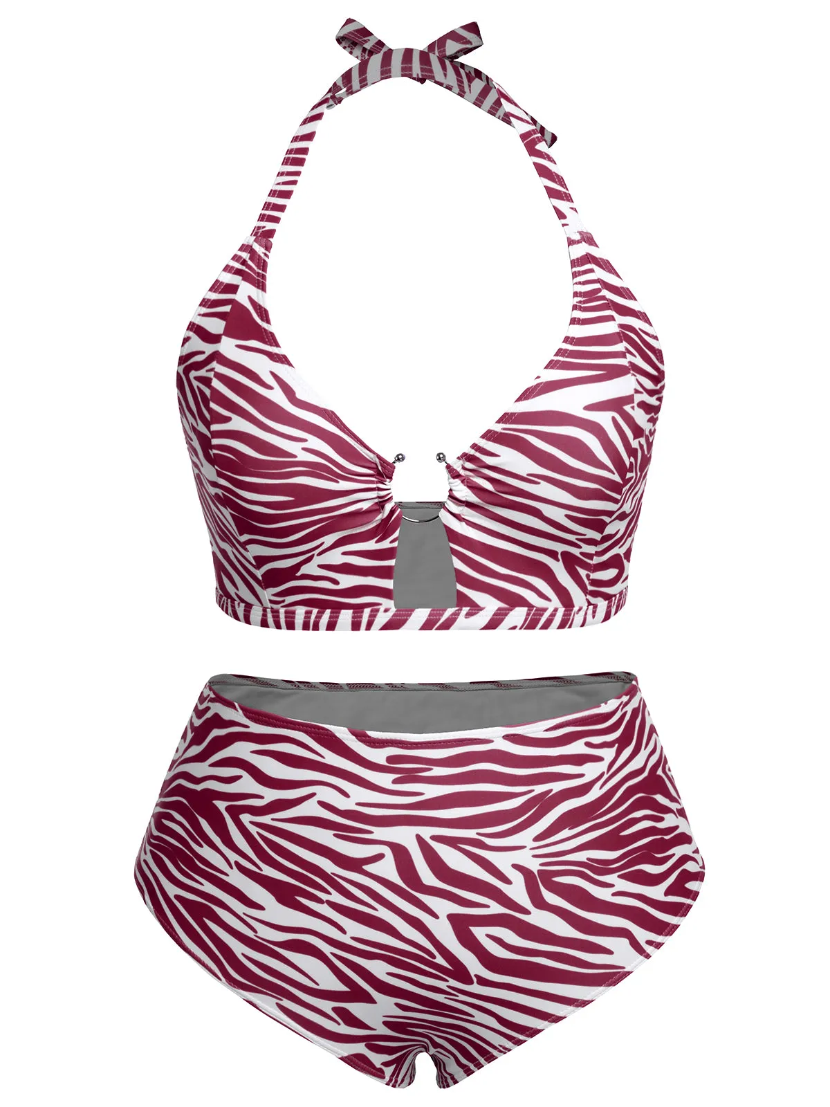 [Plus Size] 1940s Zebra Print Cutout Halter Swimsuit