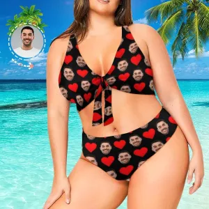 Plus Size Bikini Custom Face Love Heart Personalized Women's Chest Strap Bikini Swimsuit Honeymoons For Her Plus Size Swimwear