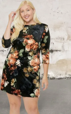 Plus size floral print three quarter length sleeve dress