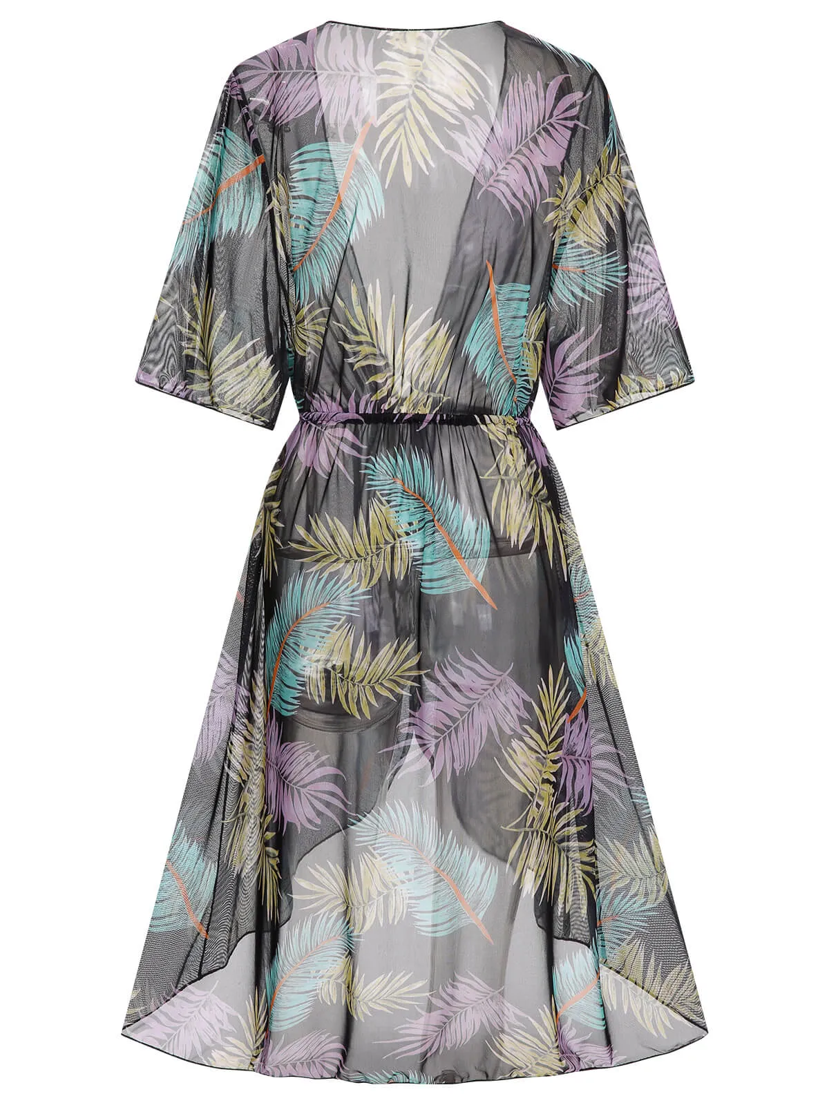 [Plus Size] Multicolor 1960s Tropical Botanical Tie Cover-Up