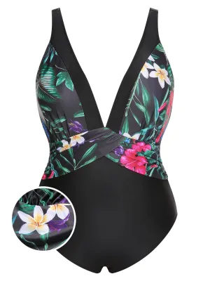 [Plus Size] Multicolor 1960s V-Neck U-Back Swimsuit