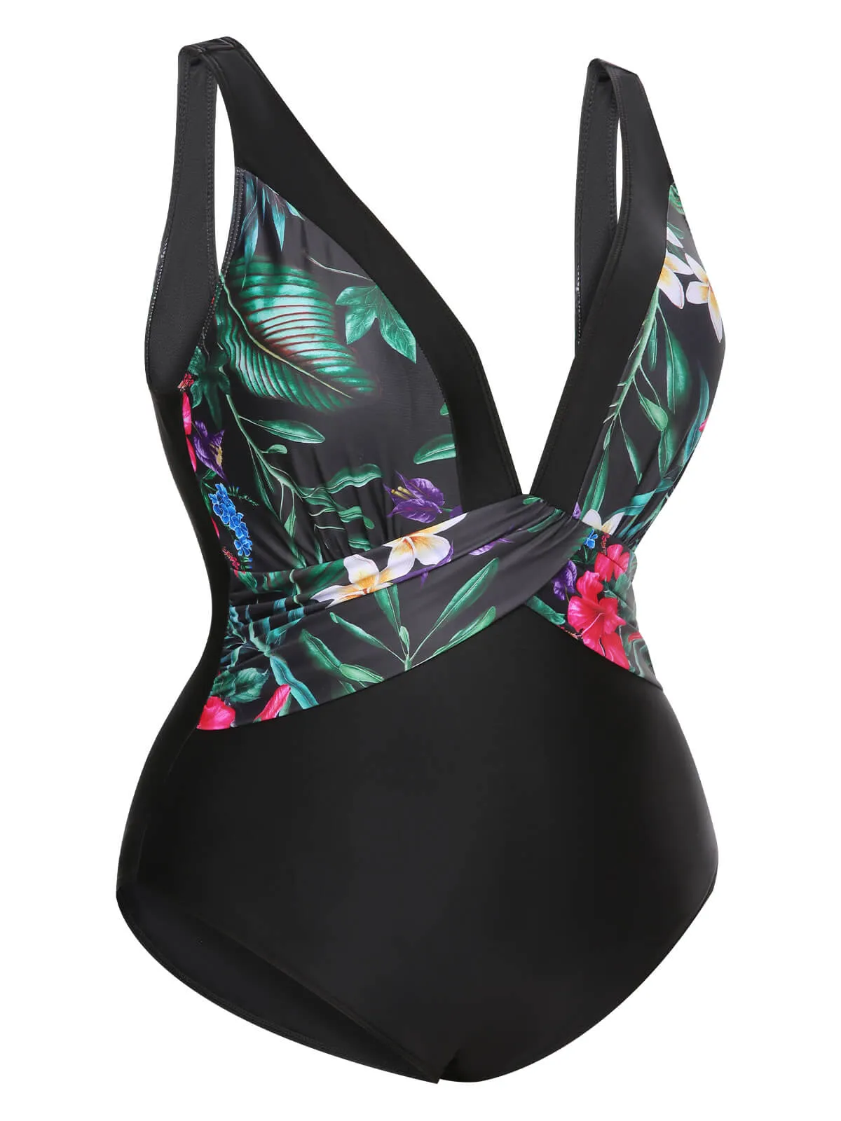 [Plus Size] Multicolor 1960s V-Neck U-Back Swimsuit