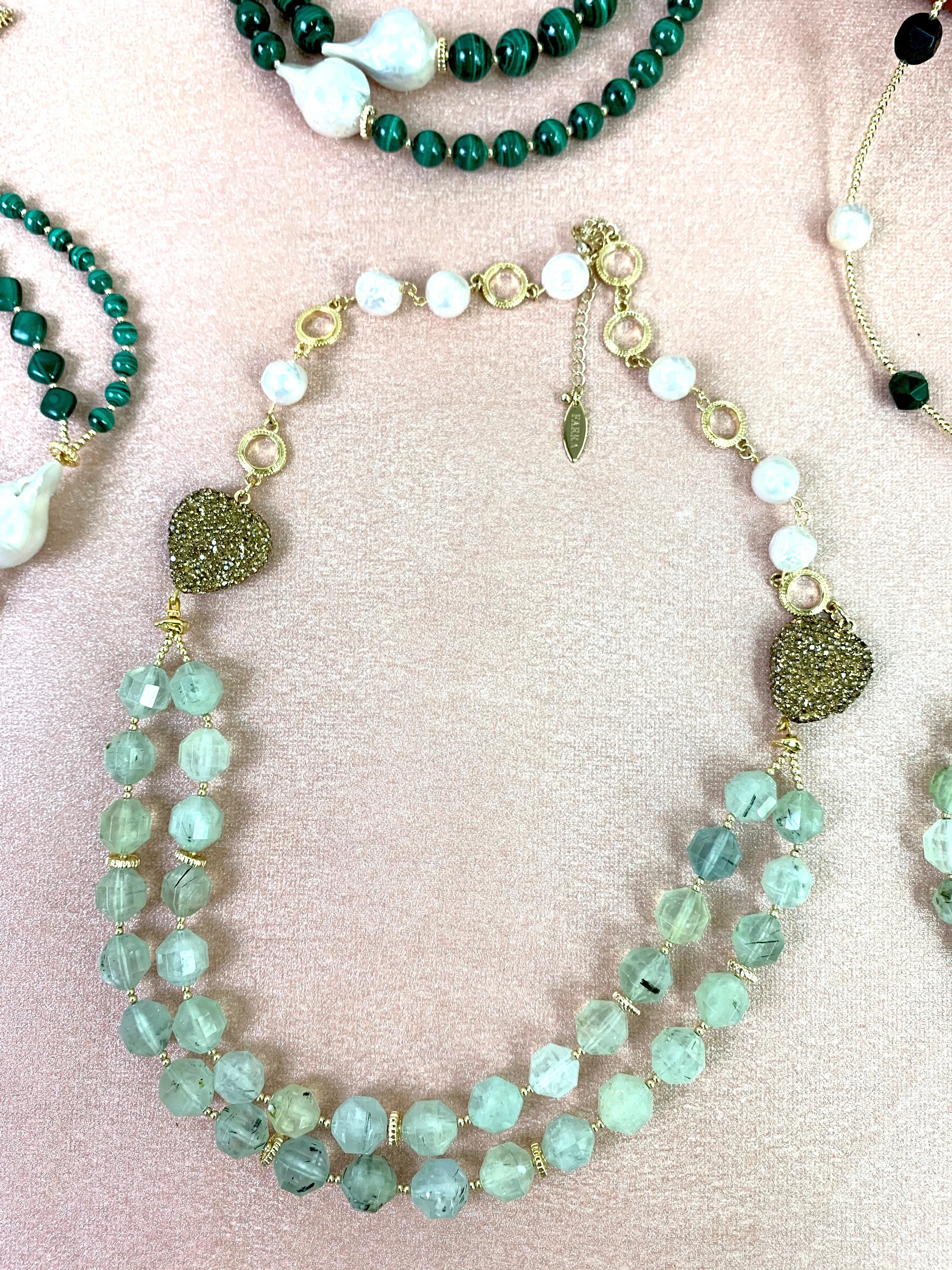 Prehnite with Freshwater Pearls Double Strands Necklace EN002