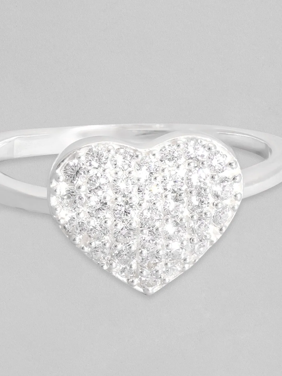 Rubans 925 Silver, Rhodium Plated Pave Studded Zircons Minimal Heart Motif Ring.