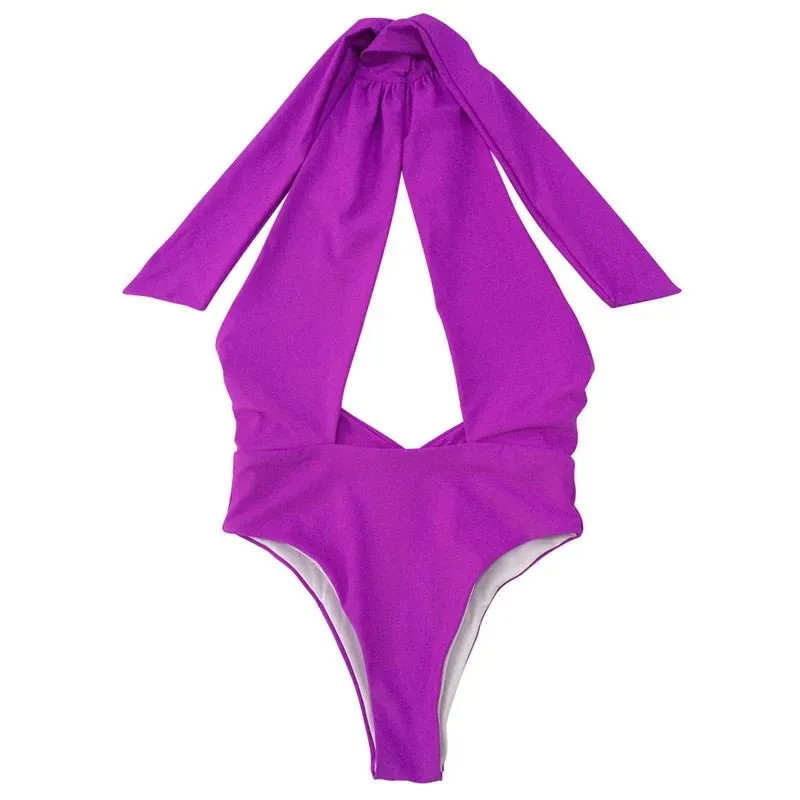 Sexy Lady Hanging Neck One-Piece Swimsuit - Solid Color - Womens Swimwear