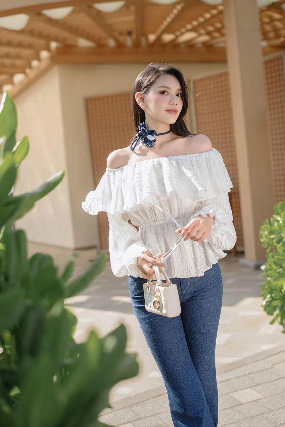 Veroa Fit and Flare Ruffled Cotton Silk Top