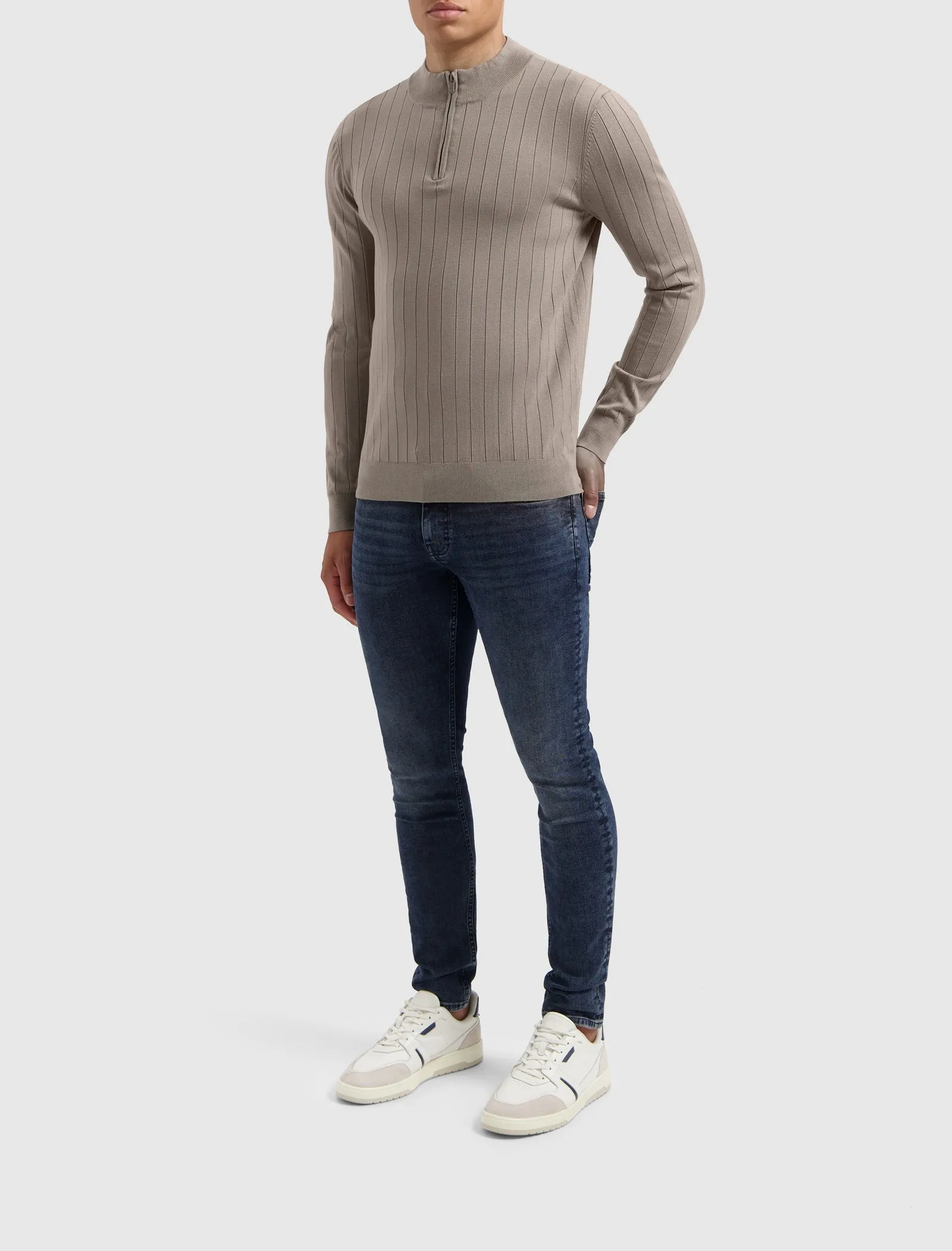 Vertical Striped Halfzip Knitwear | Taupe