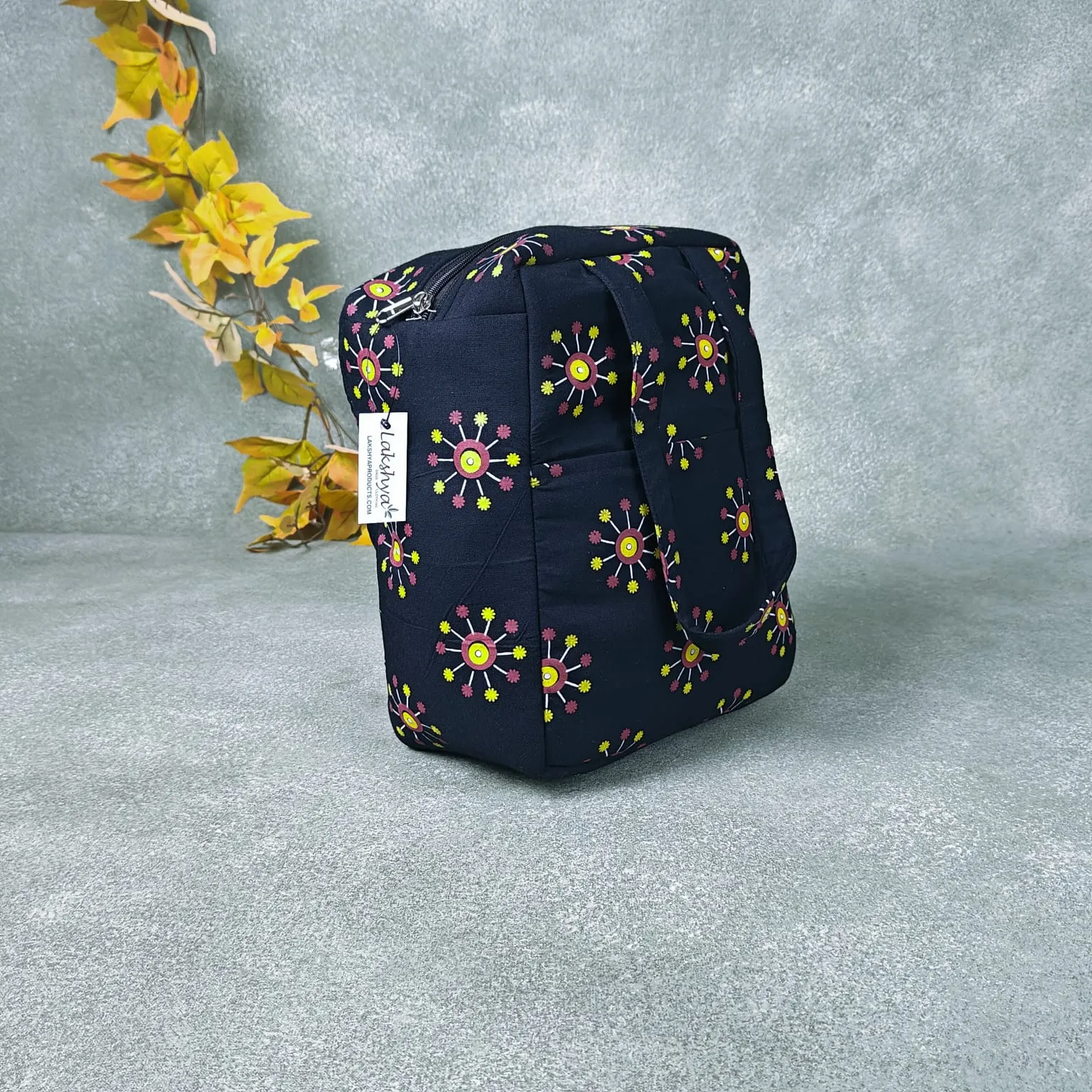 Water Proof Cotton Lunch Bag Black with Yellow Graphic Prints