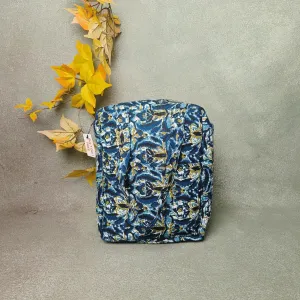 Water Proof Cotton Lunch Bag Blue with Grey Flower Design.