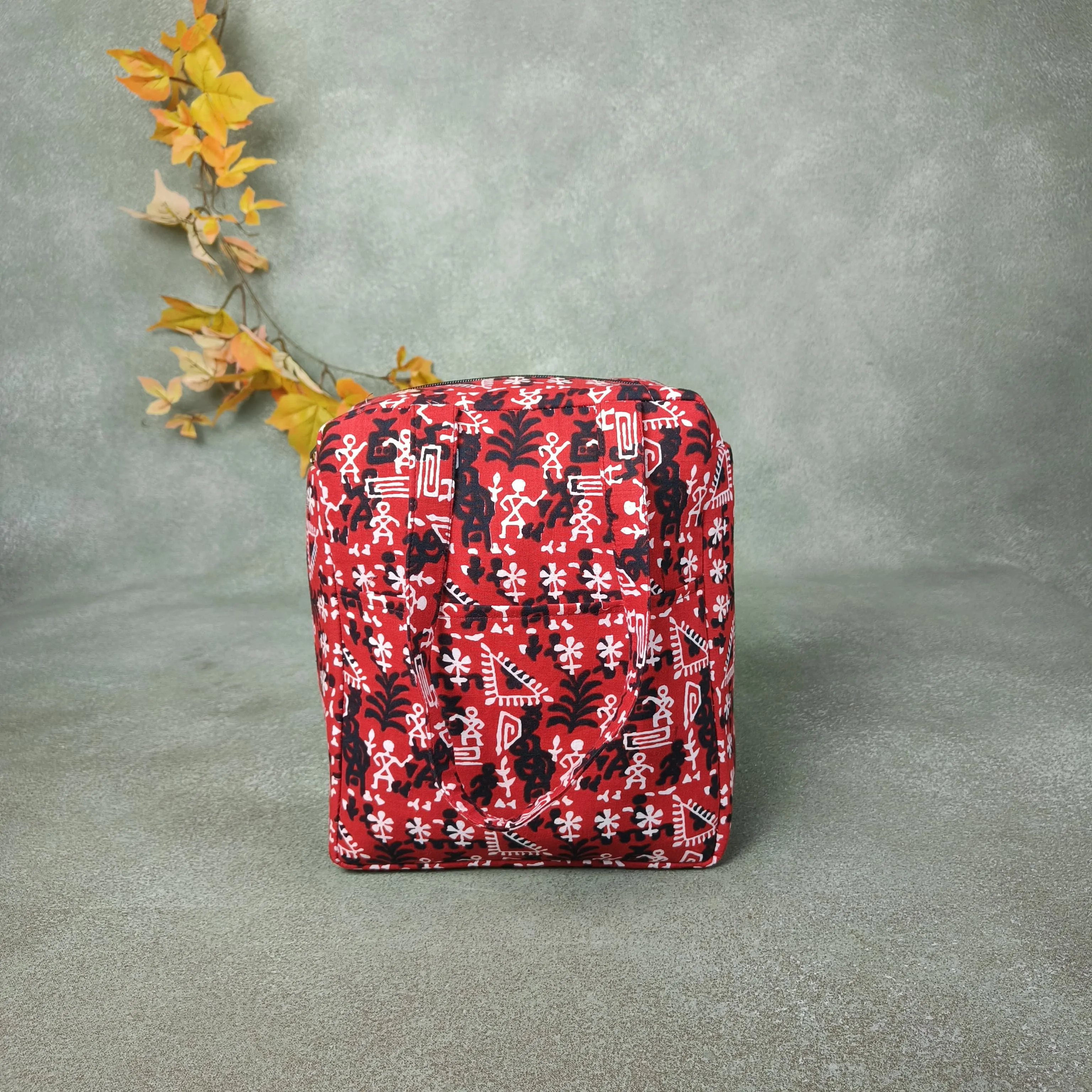 Water Proof Cotton Lunch Bag Red with White Tribal Prints