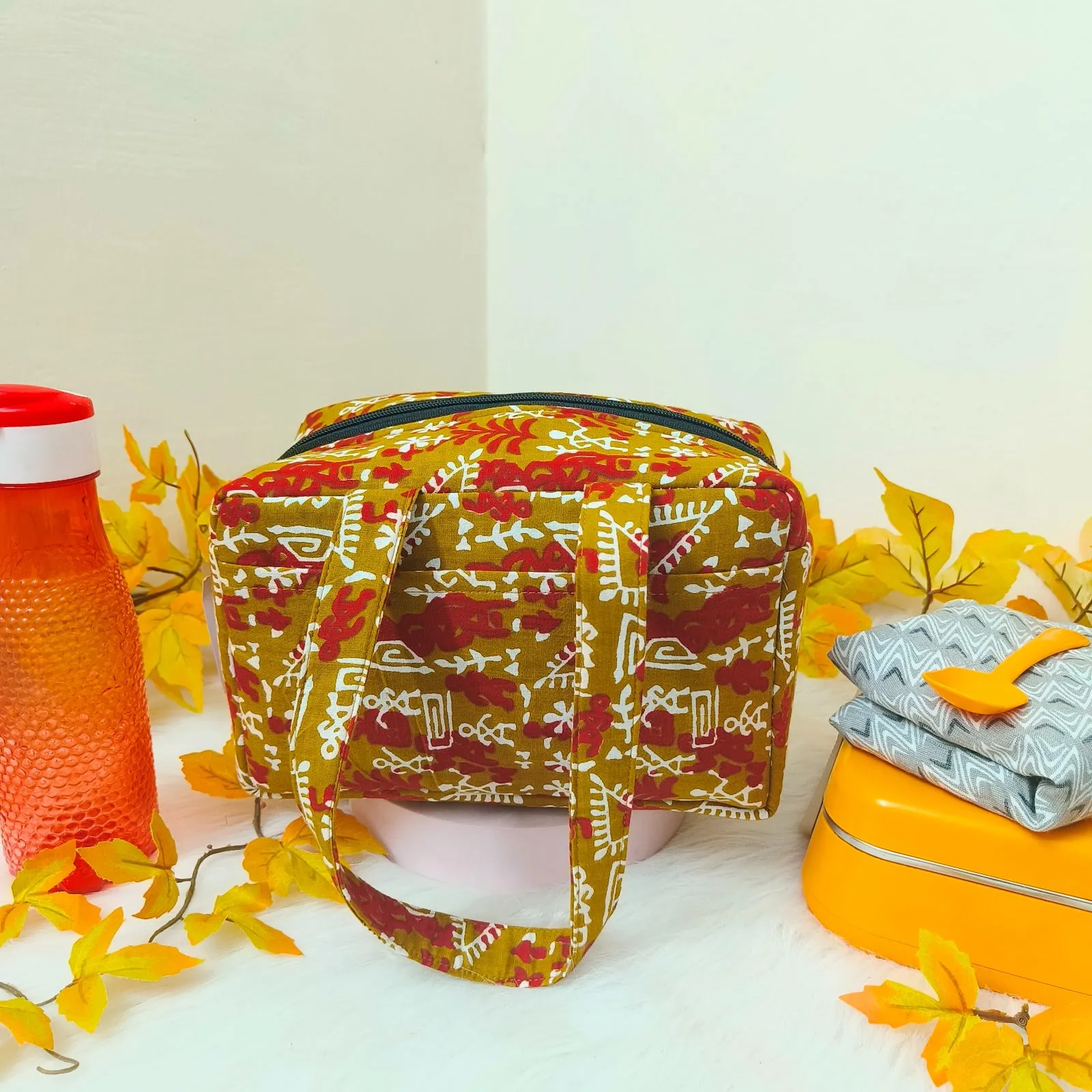 Water Proof Mini Lunch Bag Yellow with Red Tribal Prints Design