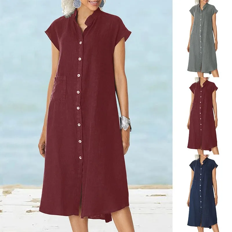 Women's Button-down Cotton Linen Loose Dress